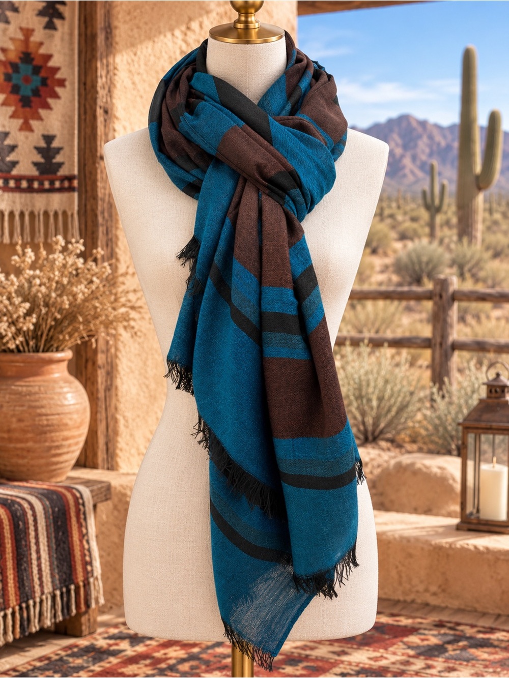 🆕🔥Teal and Brown Striped Fall Transition Scarf - Brand Unspecified